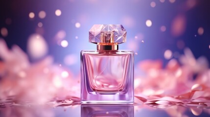 Obraz na płótnie Canvas Perfume Glass Bottle Adorning a Blurred Purple Background with Sparkles
