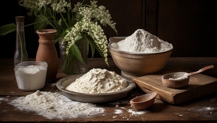 A Rustic Wooden Table with Artfully Arranged Bowls of Flour