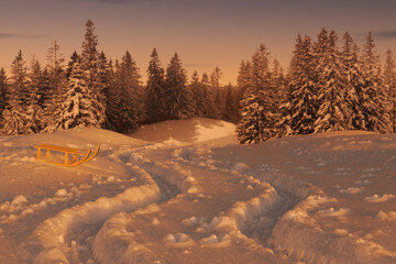 3D rendering of winter landscape with snow trails in the evening sunlight