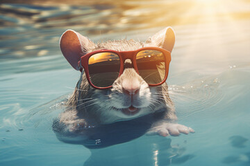 beaver with retro sunglasses - obrazy, fototapety, plakaty