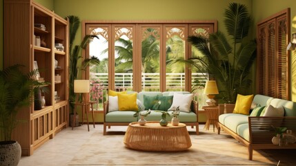 modern tropical living room natural texture material color scheme design concept cosy comfort vibrant interior home resort or vacation home house beautiful background concept