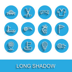 Set line Location golf sport club, Golf hole with flag, ball in water, tee, and bag clubs icon. Vector