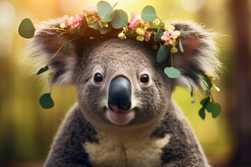koala with beautiful flower crown - obrazy, fototapety, plakaty