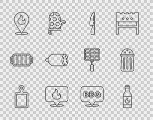 Set line Cutting board, Tabasco sauce, Barbecue knife, Location with fire flame, Salami sausage, and Salt icon. Vector
