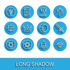 Set line Life, Tarot cards, Neptune planet, Ringing alarm bell, Diamond, King crown, Medieval sword and Moon icon. Vector