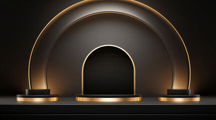3D background with stand podium. Gold with luxury arch shape scene. Abstract minimal wall scene for mockup products display. Vector round stage Showcase. Black friday.