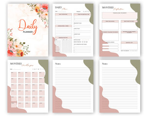 Minimalist printable planner page templates. Daily planner for every day with 24 hour time format. Monthly refelction, Monthly challenges, notes for the day. Vector graphic set for daily routine