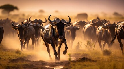 The natural wealth found in Tanzania is almost indescribable. Over a million wildebeest make the Great Migration across the Serengeti, a protected plain in the northern part of the country. - obrazy, fototapety, plakaty