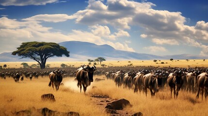 The natural wealth found in Tanzania is almost indescribable. Over a million wildebeest make the Great Migration across the Serengeti, a protected plain in the northern part of the country. - obrazy, fototapety, plakaty