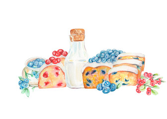 Watercolour berries set. Cranberry and blueberry illustration. Clipart. Berry cake. Loaf cake