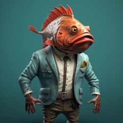 Man Fish Anthropomorphic Person in clothes: suite and cap. This exciting and creative creature is powerful, unique, and extremely effective at turning heads.