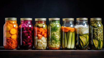 Pickled vegetables in glass jars in a row