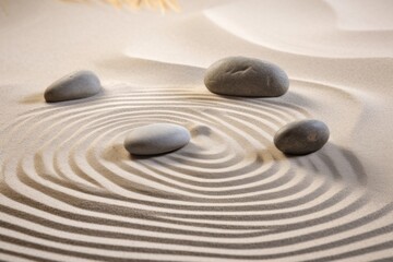 Zen sand garden meditation stone background. Balanced Stones and lines drawing in sand for relaxation. Concept of harmony, balance and meditation, spa, massage, relax. - obrazy, fototapety, plakaty
