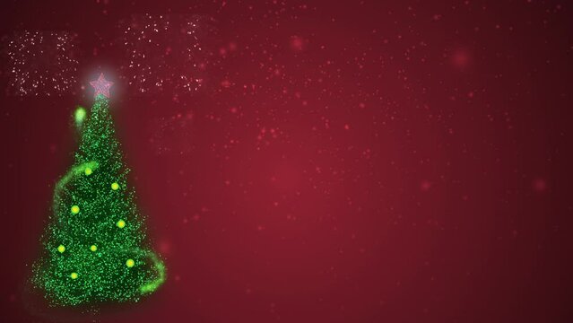Christmas tree with fireworks on a snowy red background with space to copy. Green
