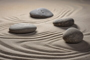 Fototapeta na wymiar Zen sand garden meditation stone background. Balanced Stones and lines drawing in sand for relaxation. Concept of harmony, balance and meditation, spa, massage, relax.