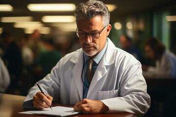 portrait of a serious doctor in a robe taking notes - obrazy, fototapety, plakaty