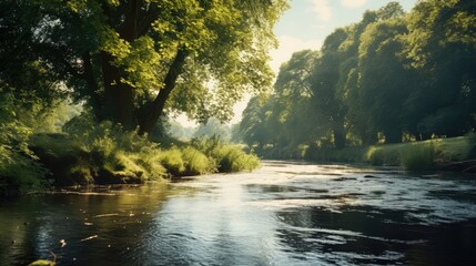  a river running through a lush green forest filled with lots of green grass and trees on both sides of the river.