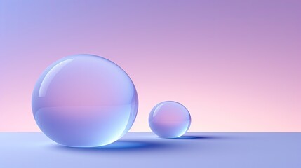  a couple of glass balls sitting next to each other on a blue and pink surface with a pink sky in the background.