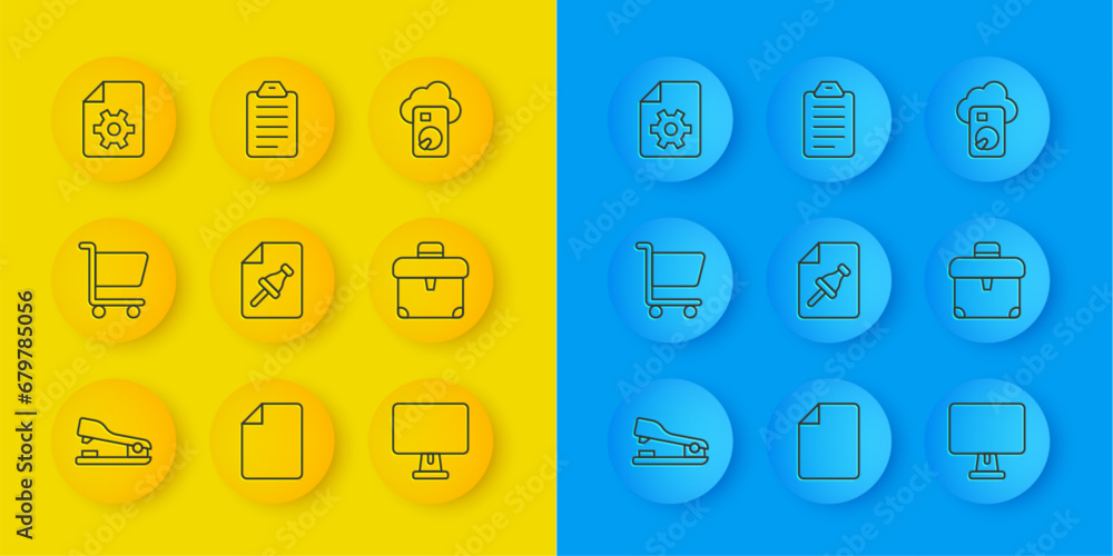 Poster set line stapler, shopping cart, note paper with push button, computer monitor, briefcase, document 