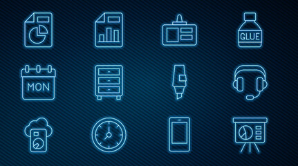 Set line Board with graph, Headphones, Identification badge, Archive papers drawer, Calendar, Document chart, Marker pen and icon. Vector