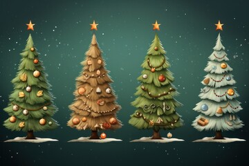 Christmas trees of different textures isolated on diferent backgrounds with copy-space and Christmas decorations