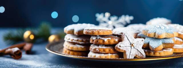 Christmas cookies on a plate against a blue background