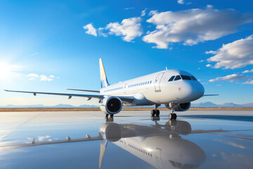 Obraz premium A white passenger plane on the airport apron with blue sky.