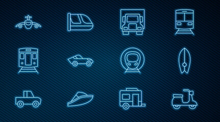 Set line Scooter, Surfboard, Delivery cargo truck, Car, Train and railway, Plane, and icon. Vector