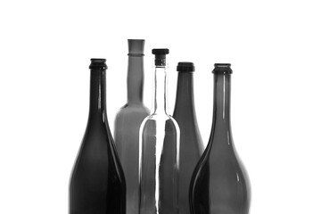 Black and white photo of different wine bottles isolated on white background