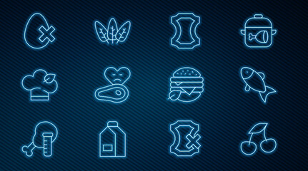 Set line Fresh berries, Fish, Leather, Steak meat, Vegan food diet, No egg, and Leaf icon. Vector