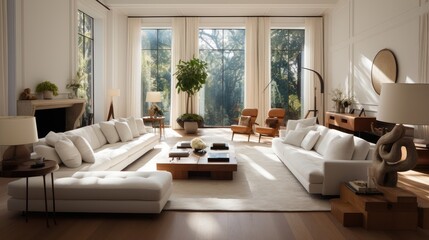 A living room with white furniture.