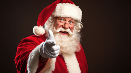 Santa Claus in his iconic red and white attire is joyfully pointing forward with a warm, inviting smile, embodying the spirit of Christmas.