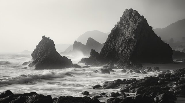  a black and white photo of some rocks in the water and some rocks in the water and some mountains in the background.