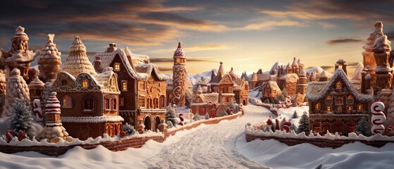 
Gingerbread houses. Christmas fairy village landscape. photography