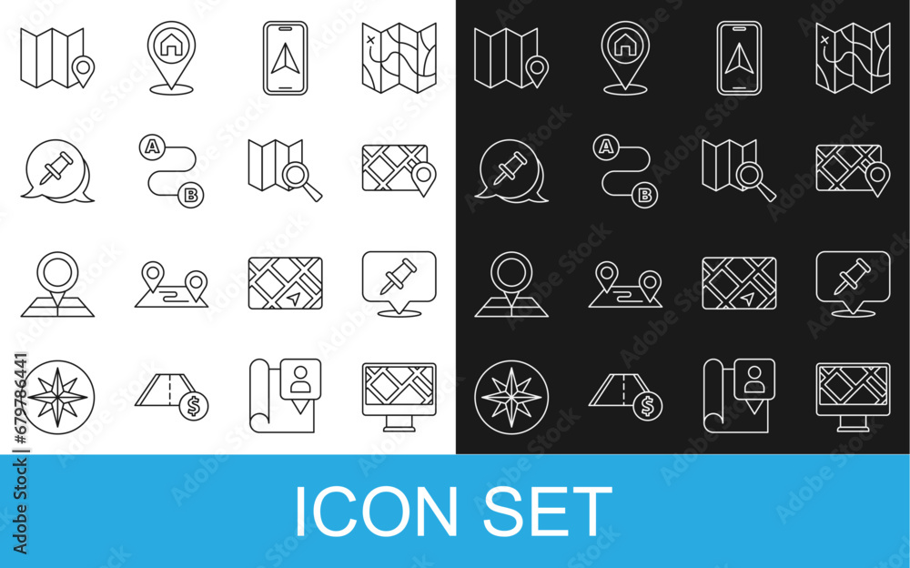 Poster set line monitor with map location, push pin, gps device, city navigation, route, folded marker and 