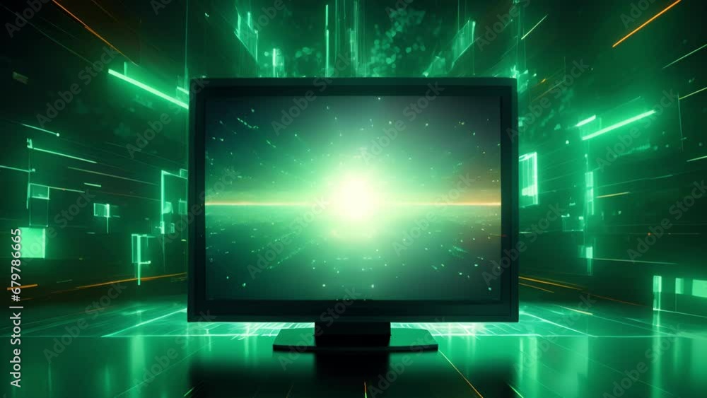 Poster an oldfashioned squareshaped tv with large silver s across the front panel and a glowing green on li