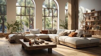  a living room with two large windows and a couch in front of a coffee table in the middle of the room.