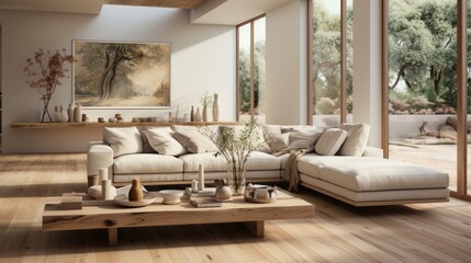  a living room with a couch, coffee table, and a painting on the wall in front of a window.