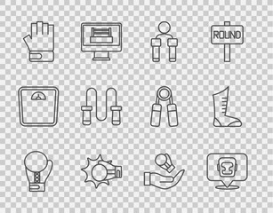 Set line Boxing glove, helmet, Jump rope, Punch boxing, MMA, and Sport shoes icon. Vector