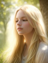 Fototapeta premium Artistic rendering of a confident blond woman with long hair, immersed in a serene natural setting. Soft pastels, dappled sunlight, and a tranquil atmosphere