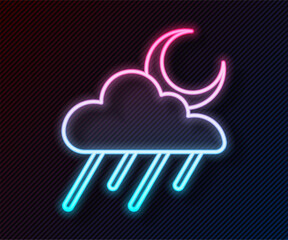 Glowing neon line Cloud with rain and moon icon isolated on black background. Rain cloud precipitation with rain drops. Vector