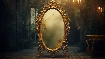
Old vintage retro antique mirror in gold frame rustic style. Decoration home glass. Graphic Art photography - obrazy, fototapety, plakaty