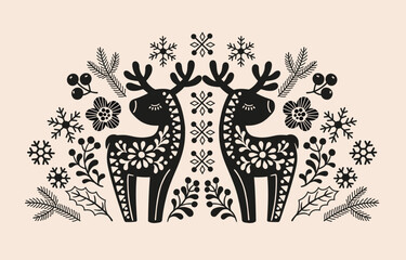 Vector hand drawn illustration of animals in Nordic style hygge. Silhouette of a deer in a floral pattern in a folk Scandinavian style - obrazy, fototapety, plakaty