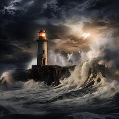 Naklejka na ściany i meble Lighthouse at sea on a rock in stormy weather with crashing waves at night