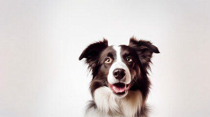 Funny portrait cute puppy dog border collie on white background, close up. Lovely dog 