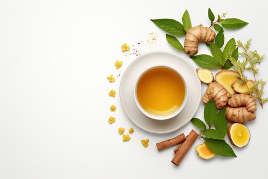 Tulsi ginger and turmeric combination green tea, ingredients on light background