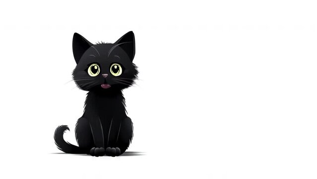 Black cartoon meowing cat on white background. Speaking black cartoon kitten. AI generated animation. High quality 4k footage