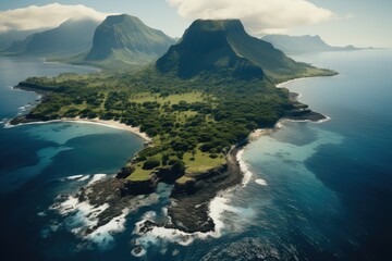 A large tropical curved island with an inactive volcano and rocky coastline, Aerial high view. - obrazy, fototapety, plakaty