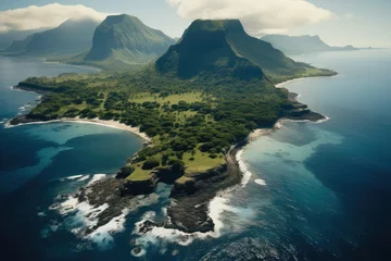 Poster A large tropical curved island with an inactive volcano and rocky coastline, Aerial high view. © visoot