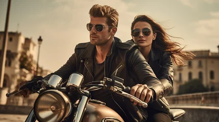 Stoff pro Meter Stylishly dressed man and woman riding a vintage motorcycle on an urban adventure © LaxmiOwl